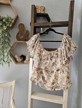 NWT Boho Socialite White Floral Off-Shoulder Ruffle Blouse with Mustard & Olive